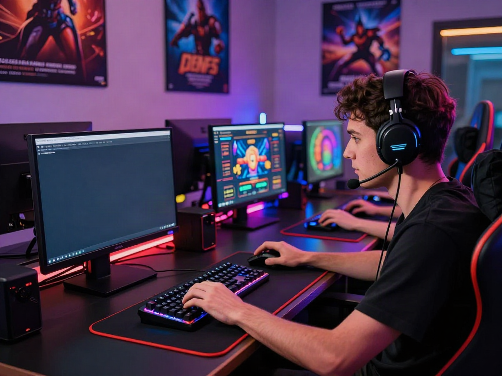 Player immersed in a non Gamstop casino game at a vibrant gaming setup.