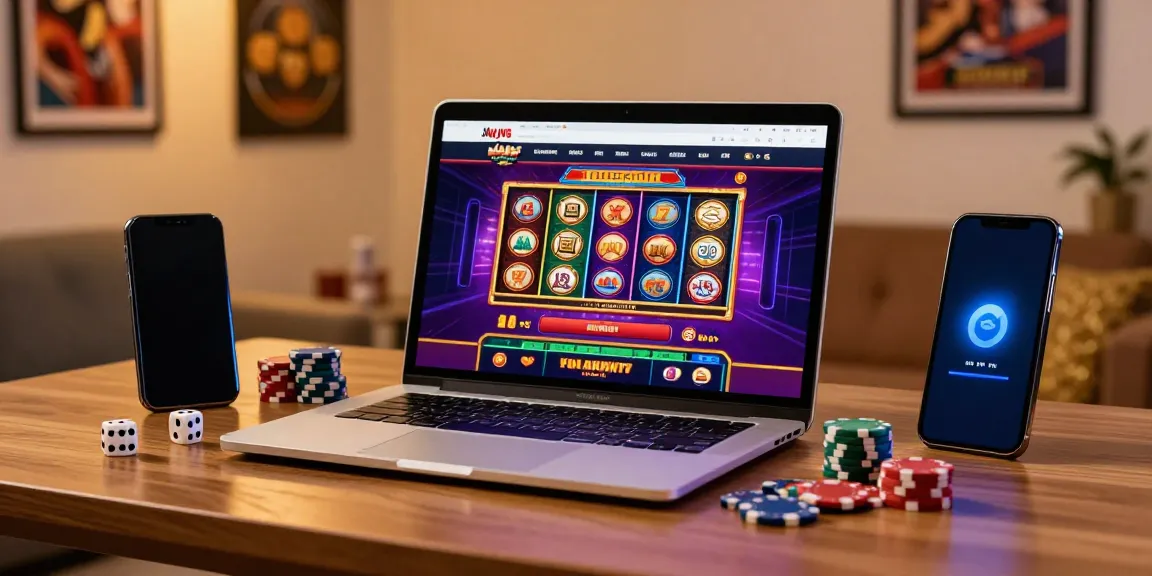 Best non GamStop casino setup with laptop, poker chips, and warm lighting.