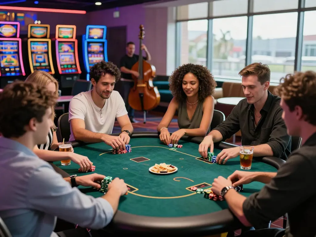 Best non gamstop casino atmosphere with friends enjoying poker game and vibrant decor.