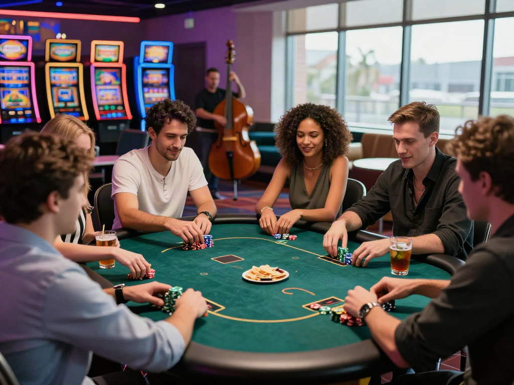 Best non gamstop casino atmosphere with friends enjoying poker game and vibrant decor.