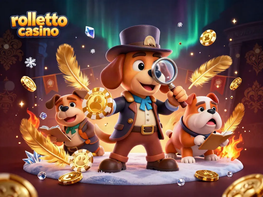 Engage with rolletto casino's unique treasures as a detective investigates clues amid a vibrant, animated casino scene.