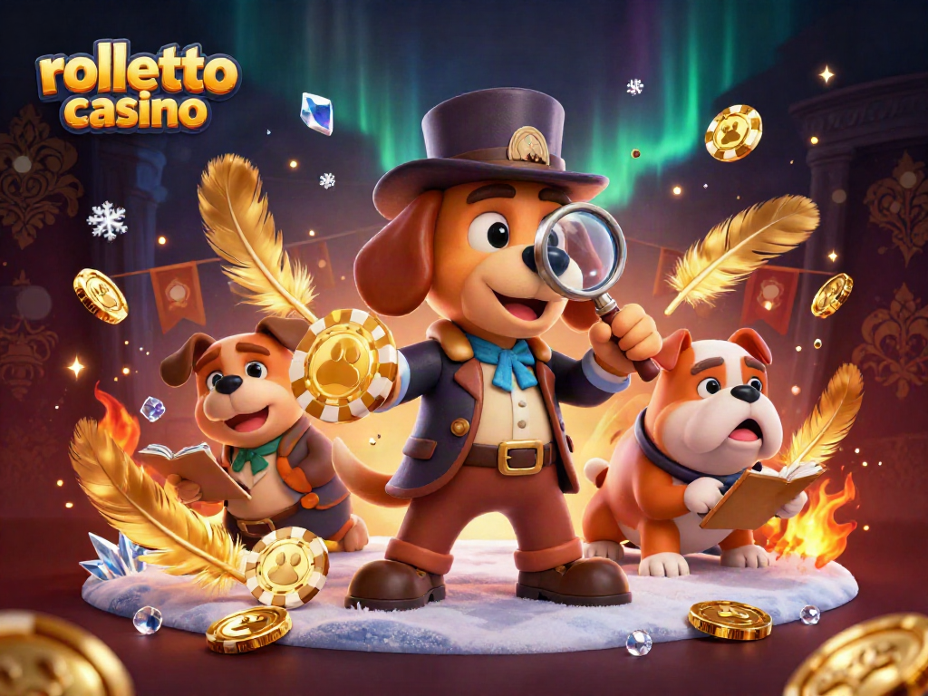Engage with rolletto casino's unique treasures as a detective investigates clues amid a vibrant, animated casino scene.
