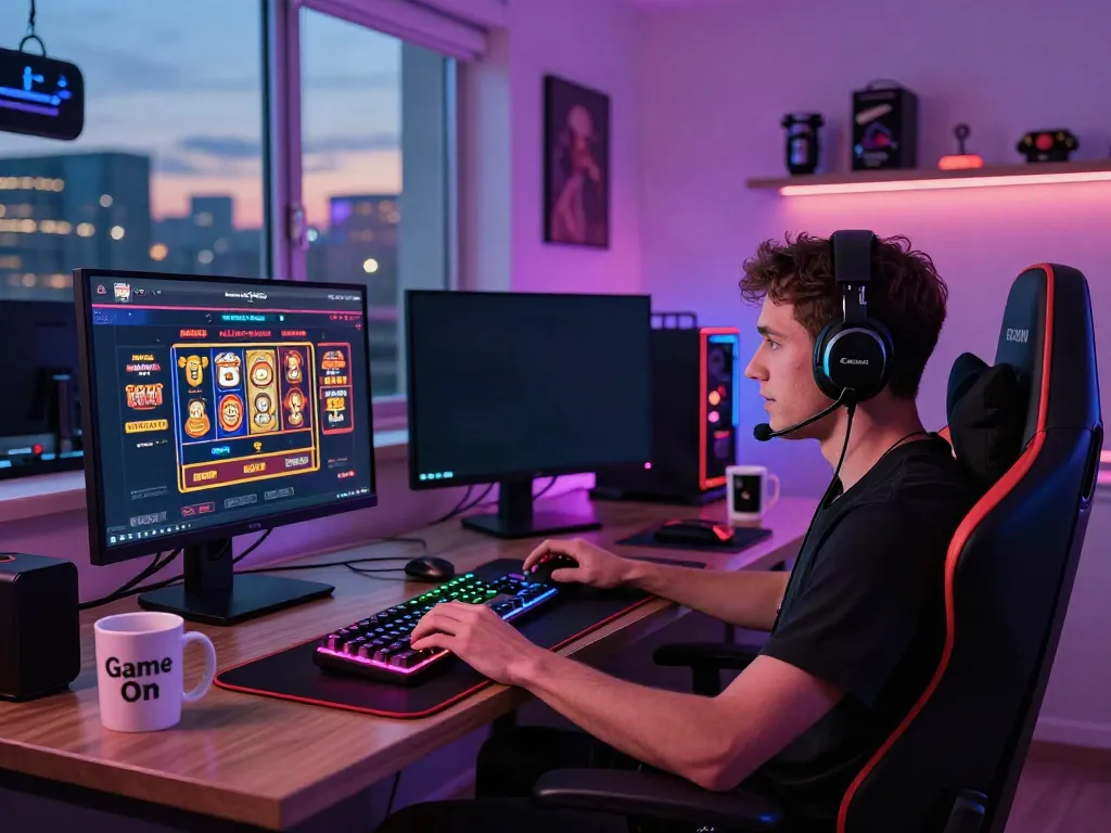 Experience the best non Gamstop casino in a vibrant gaming setup with multiple screens and ambient lighting.