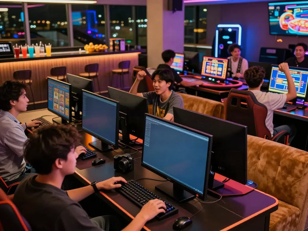 Game enthusiasts enjoying the best non gamstop casino experience in a lively gaming lounge.