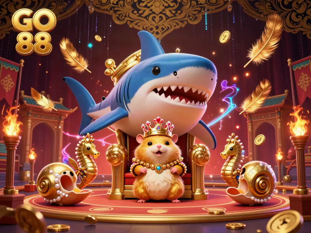 Experience the thrill of GO 88 casino with a golden hamster king and gambling spectacle.
