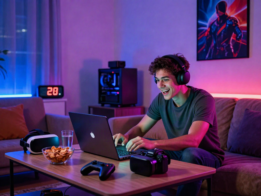Excited player enjoying the best non gamstop casino games in a vibrant gaming room.