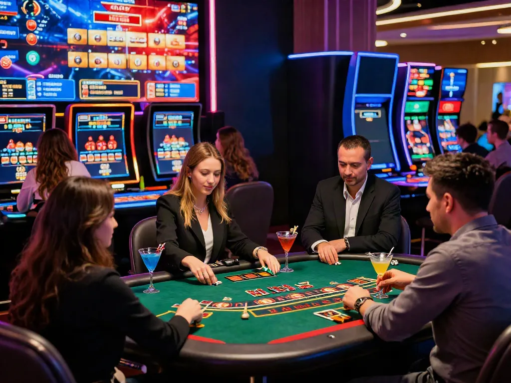Players enjoying games at the best non gamstop casino, vibrant atmosphere with colorful lighting.
