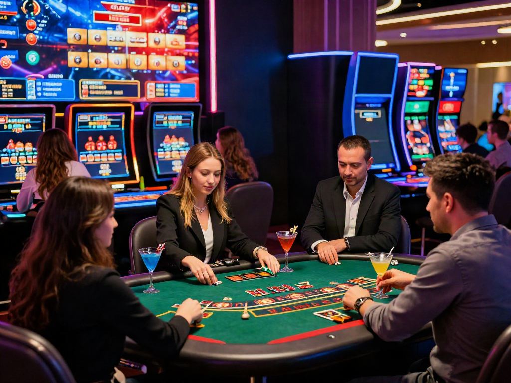 Players enjoying games at the best non gamstop casino, vibrant atmosphere with colorful lighting.