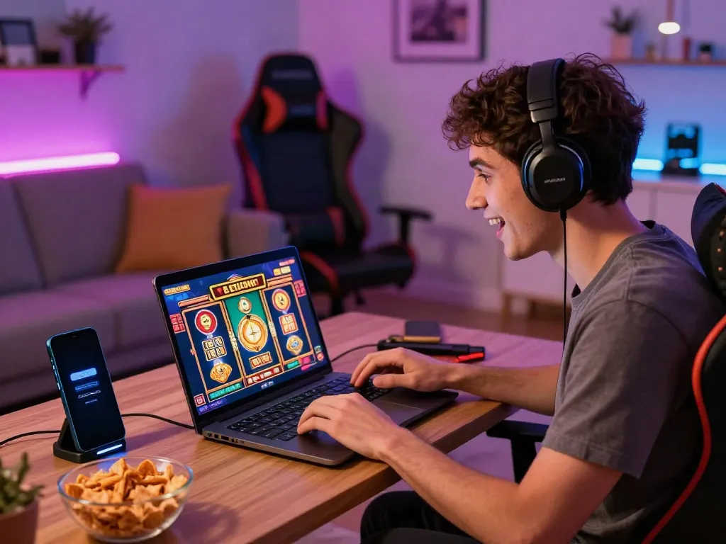 Excited player enjoying the best non gamstop casino online in a cozy living room.