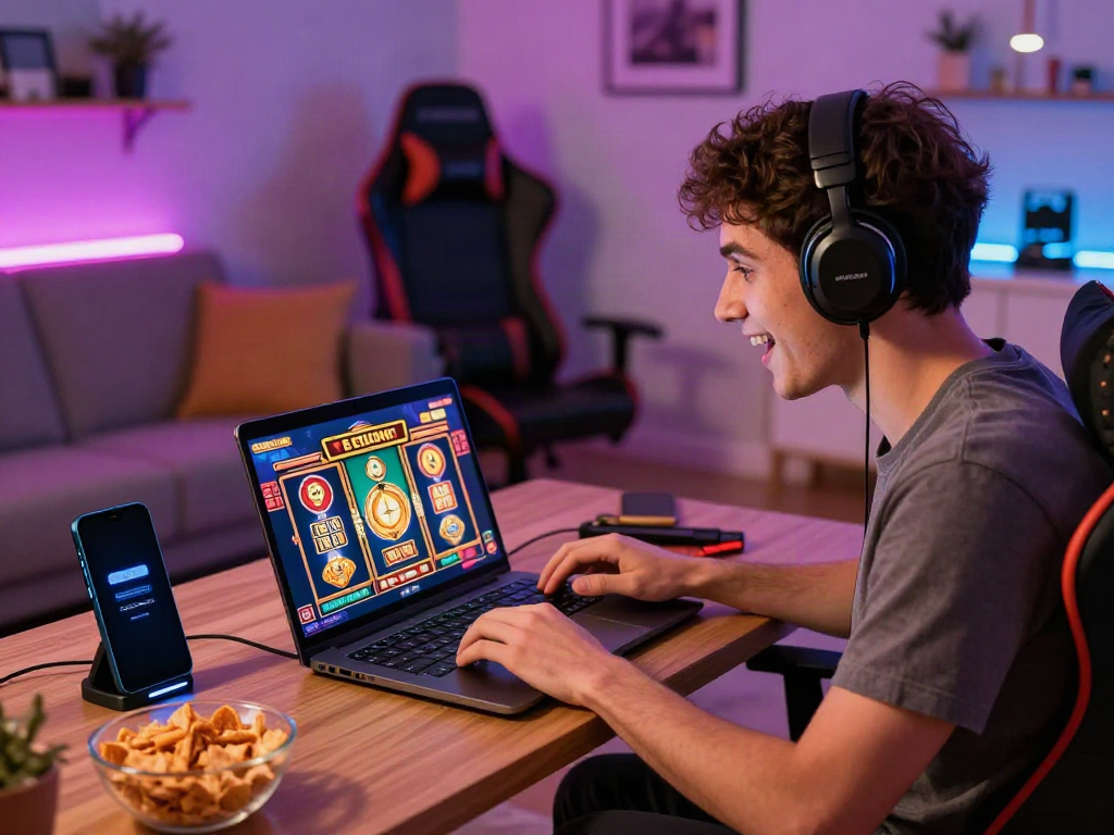 Excited player enjoying the best non gamstop casino online in a cozy living room.