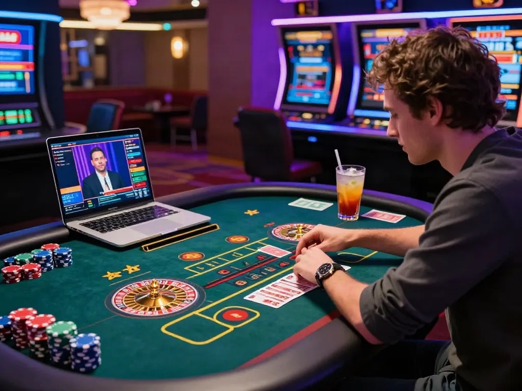 Best non GamStop casino scene with a focused player at a vibrant live roulette table, showcasing excitement in online gambling.