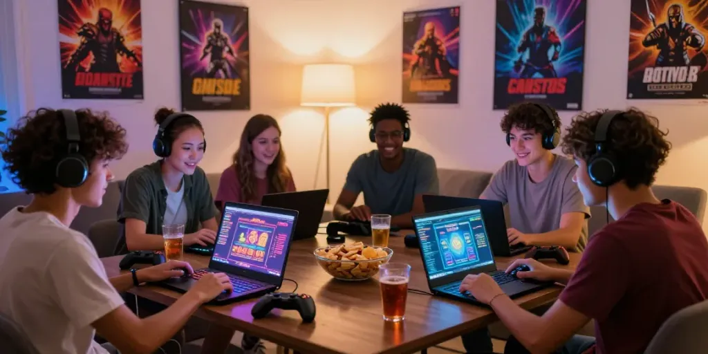 An engaging scene with friends enjoying their time at the best non Gamstop casino, showcasing popular games and snacks in a vibrant home setting.