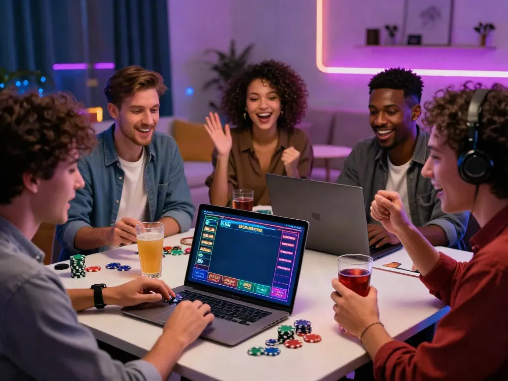 Friends enjoying a lively gaming session at the best non gamstop casino, showcasing excitement and vibrant atmosphere.