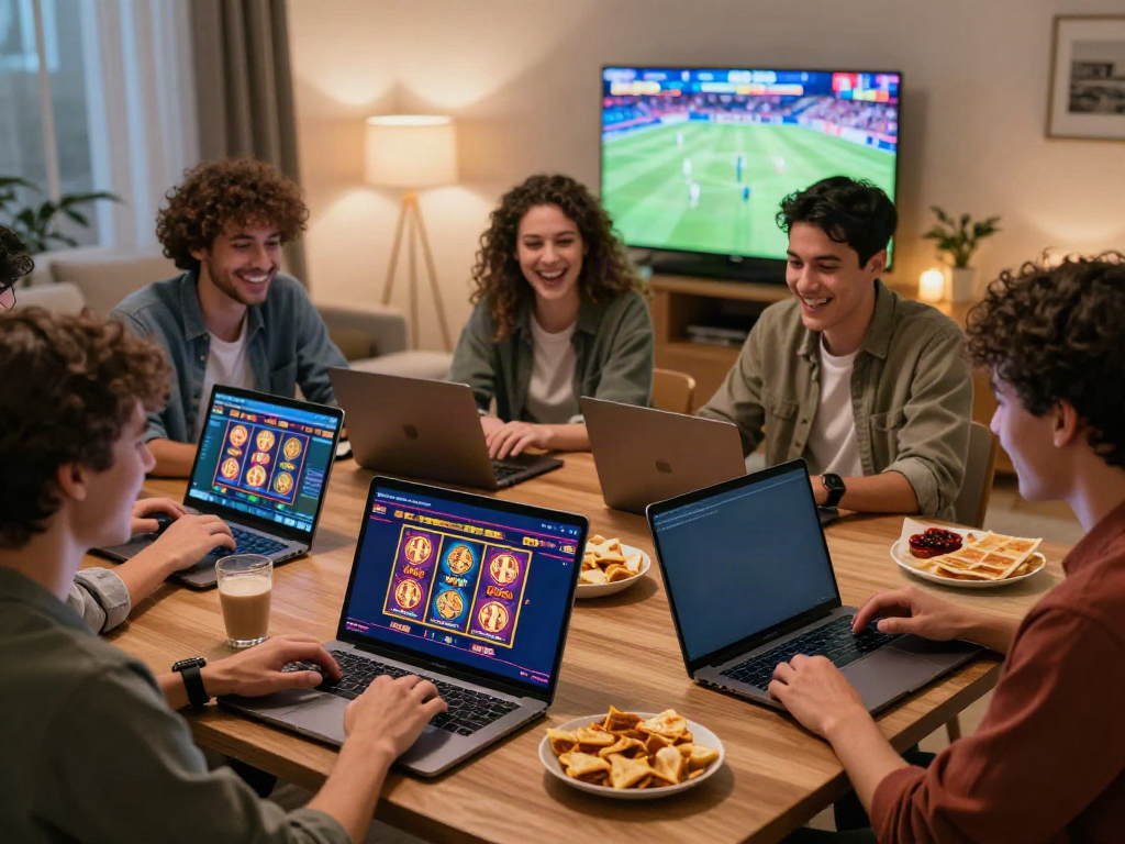 Engaging scene of friends enjoying the best non GamStop casino experience in a cozy living room
