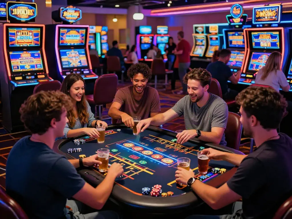 Exciting atmosphere showcasing friends enjoying the best non GamStop casino with vibrant gaming tables and lively interaction.
