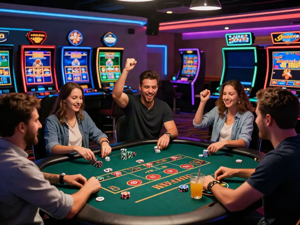 Players celebrating at the best non GamStop casino surrounded by vibrant gaming elements.
