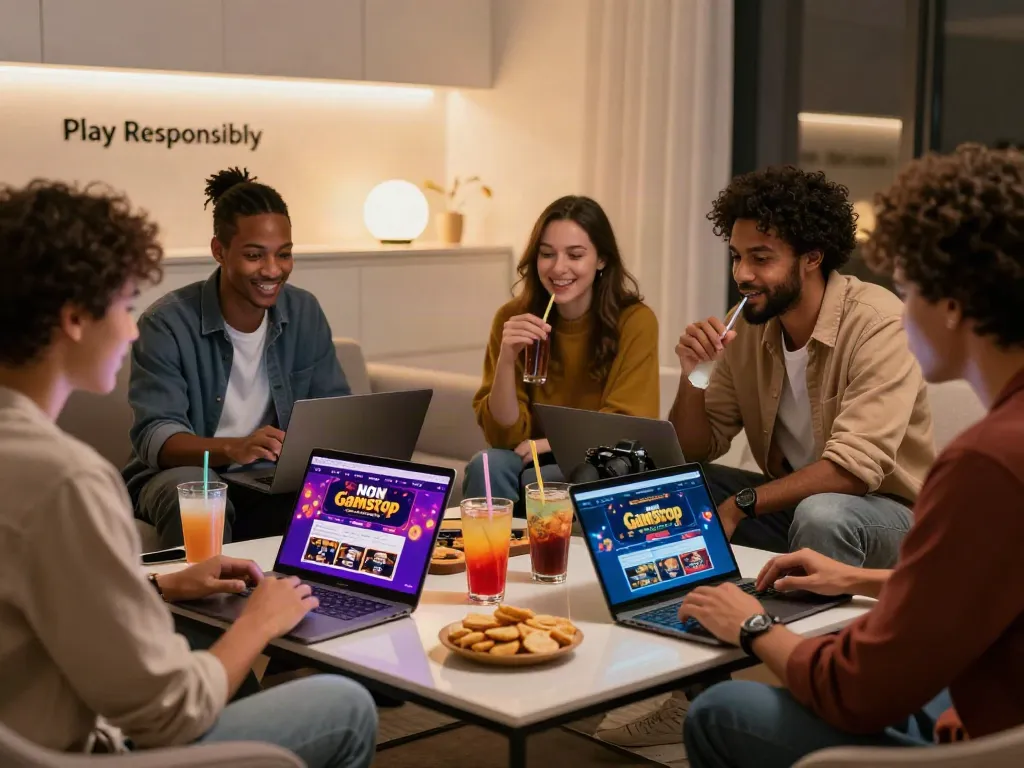Group of friends enjoying the best non Gamstop casino games online at home, lively atmosphere with colorful drinks.