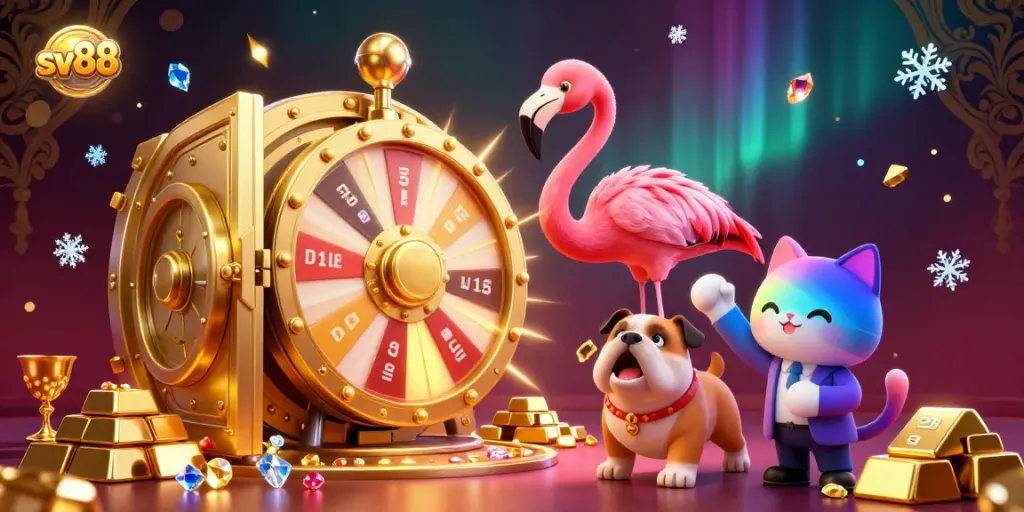 Excited bulldog contestant spins the sv88 prize wheel in a dynamic online casino illustration.