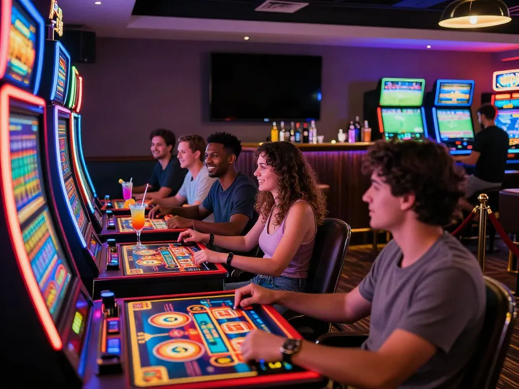 Friends enjoying games at the best non GamStop casino in a vibrant gaming lounge.