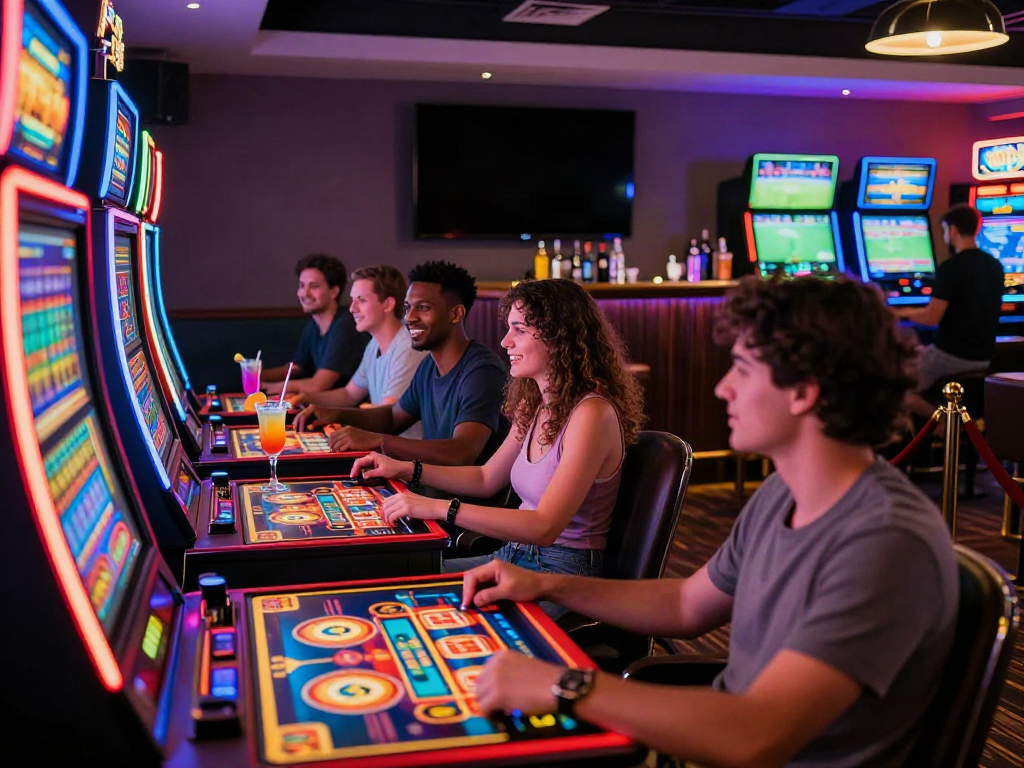 Friends enjoying games at the best non GamStop casino in a vibrant gaming lounge.