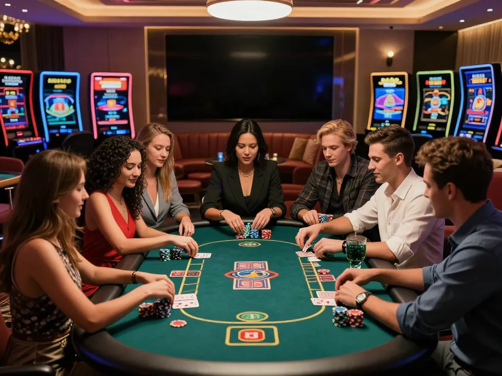 Exciting atmosphere at the best non gamstop casino with friends enjoying card games.