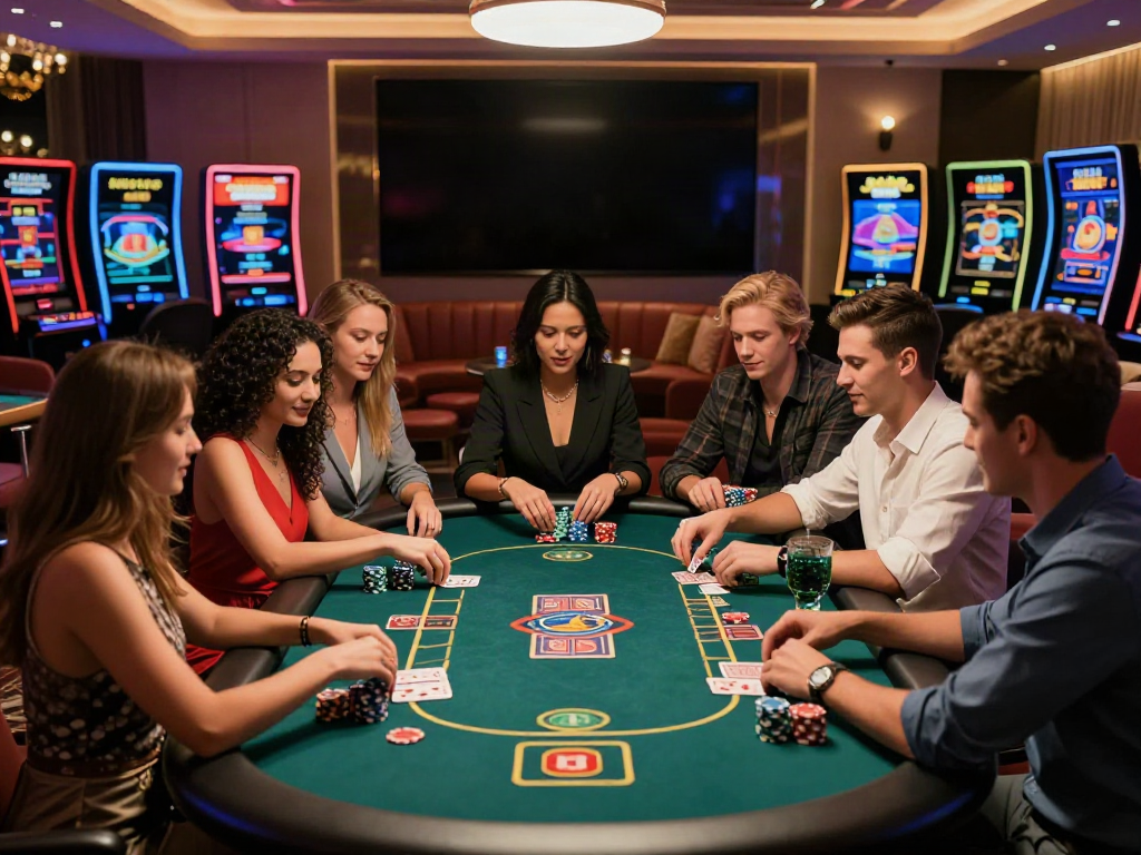Exciting atmosphere at the best non gamstop casino with friends enjoying card games.