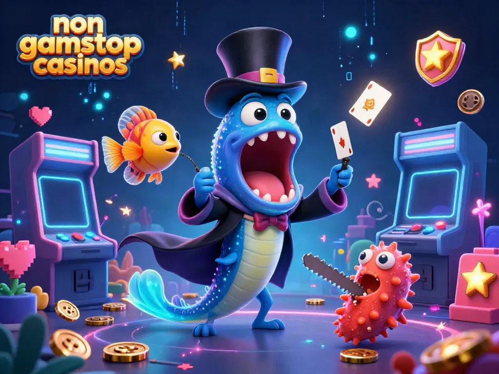 Experience non gamstop casinos through a fun 3D underwater magic scene with vibrant characters and casino elements.