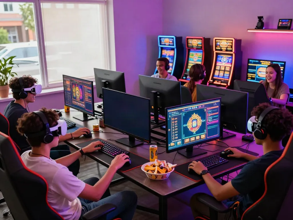 Friends enjoying games at the best non gamstop casino, vibrant atmosphere and modern gaming setup.