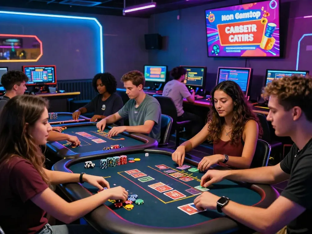 Friends enjoying the best non gamstop casino experience at a vibrant gaming lounge.