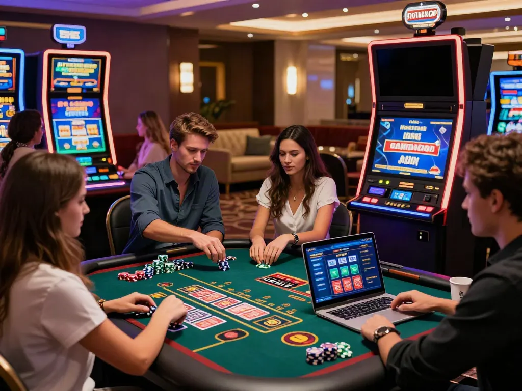 Excited players enjoying games at the best non gamstop casino, featuring vibrant slot machines and gaming tables.
