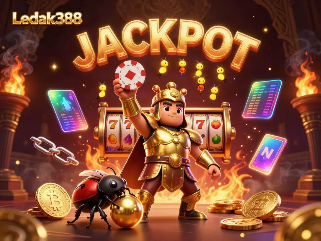 Join the excitement at Ledak388 with a cartoon beetle championing a jackpot amid vibrant slot symbols.
