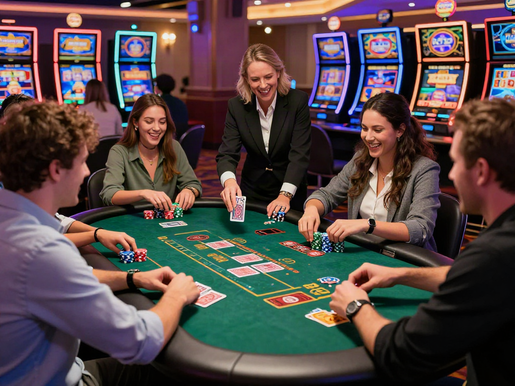 Exciting gaming table scene at the best non GamStop casino showcasing players enjoying their experience with colorful chips and cards.