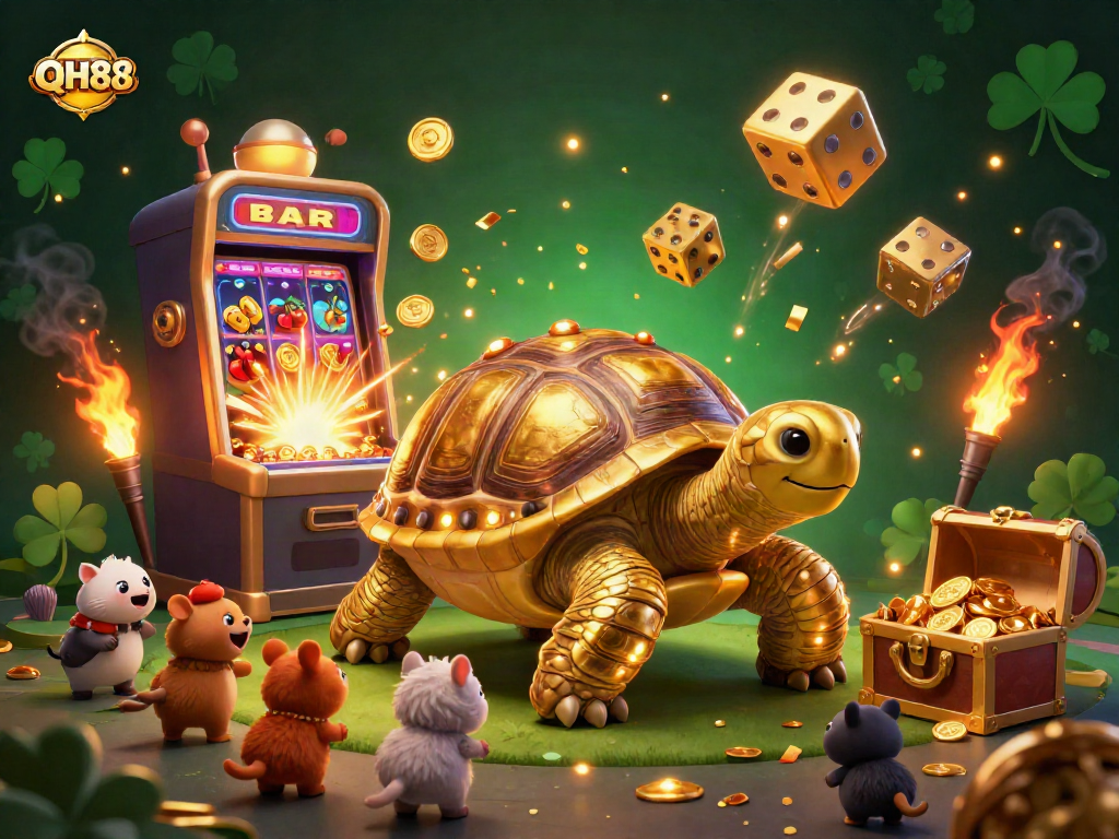 Experience thrilling gameplay at QH88 with an interactive pinball machine tortoise and a jackpot-filled slot scene.