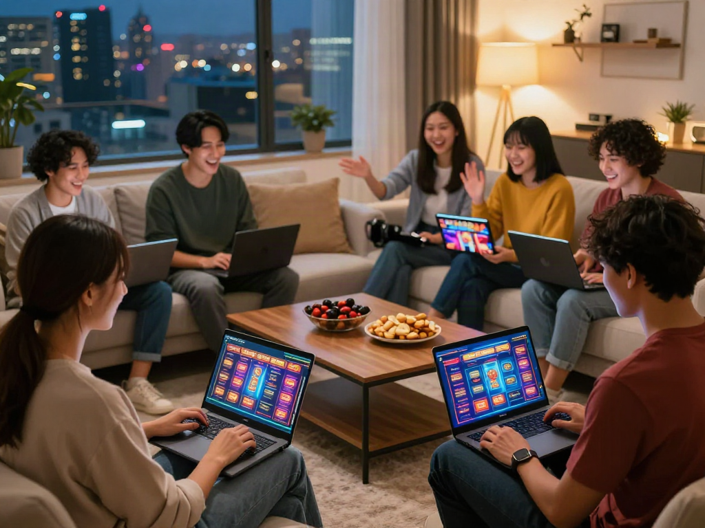 Friends enjoying games at the best non gamstop casino in a cozy living room.