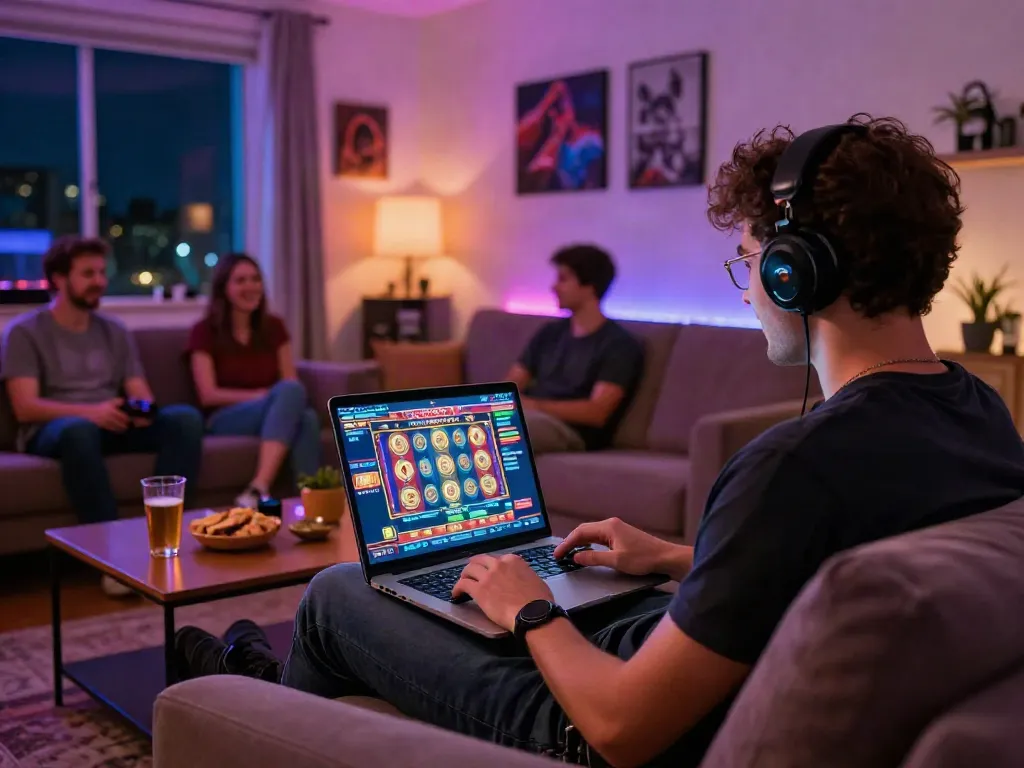 Engaging scene of online gaming showcasing the best non gamstop casino experience with friends enjoying a gaming night.