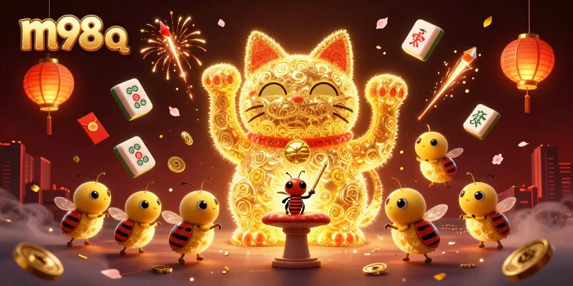 Engage with m98 q through vibrant casino symbols and captivating characters in a lively 3D illustration.