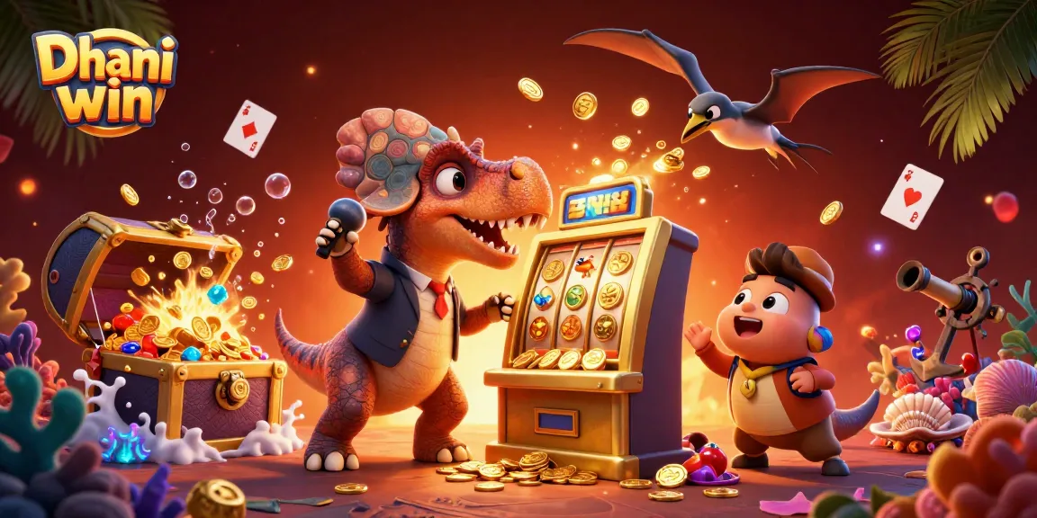 Dhani win is showcasing a pachycephalosaurus winning coins from a golden slot machine amid a vibrant casino scene.