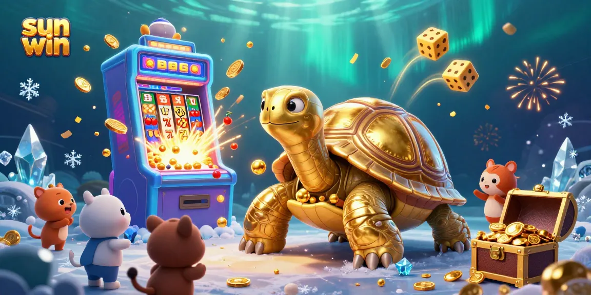 Engage with the sun win gaming experience, featuring a colossal golden tortoise pinball machine amidst a vibrant casino atmosphere.