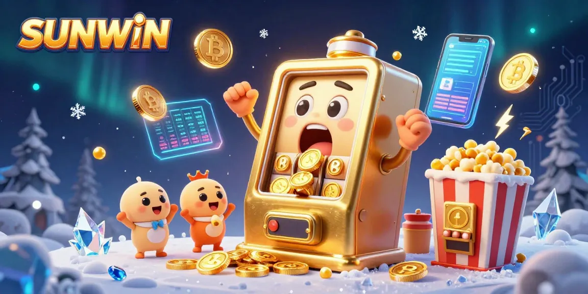 SUNWIN slot machine wins jackpot as coins pour out, surrounded by cheering baby slots and Bitcoin elements.
