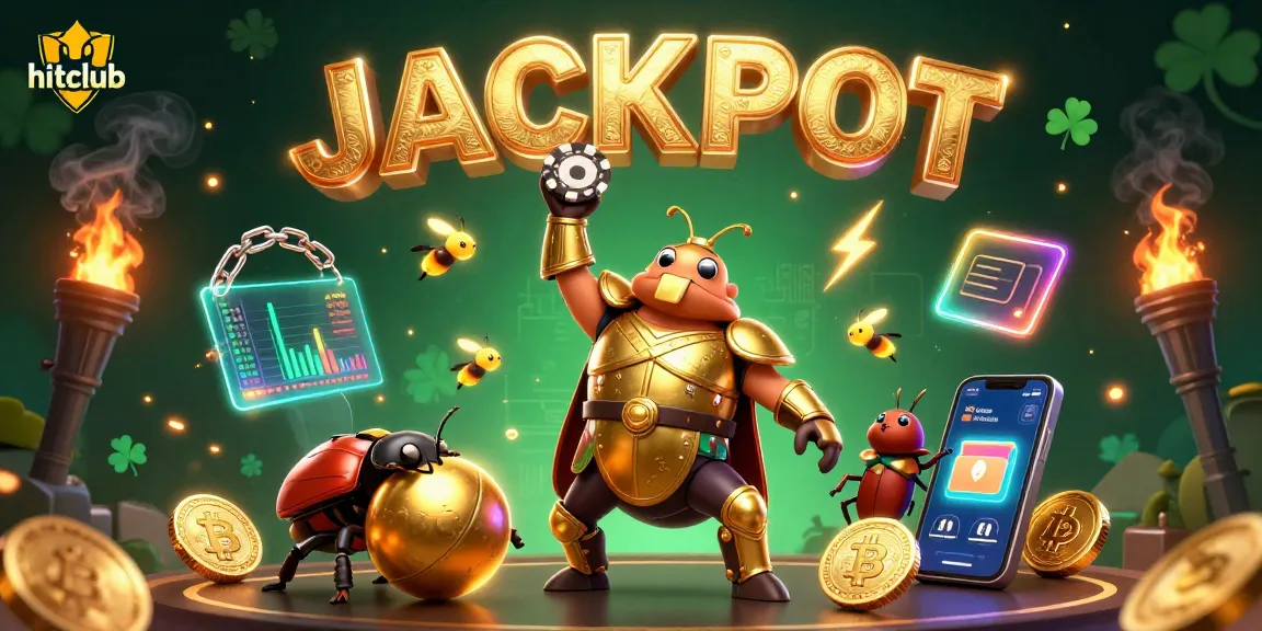 Hitclub's animated hercules beetle celebrates winning with a poker chip, surrounded by vibrant elements of gambling.