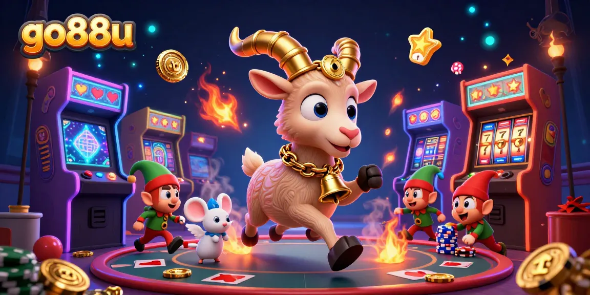 Experience the thrill of gaming at go88u with Krampus, an angel mouse, and mischievous elves in this vibrant casino illustration.