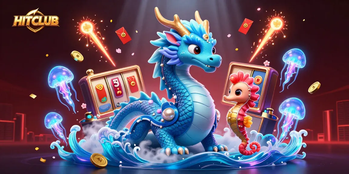 Engage with HITCLUB in this dynamic 3D illustration featuring an azure water dragon amid captivating casino elements.